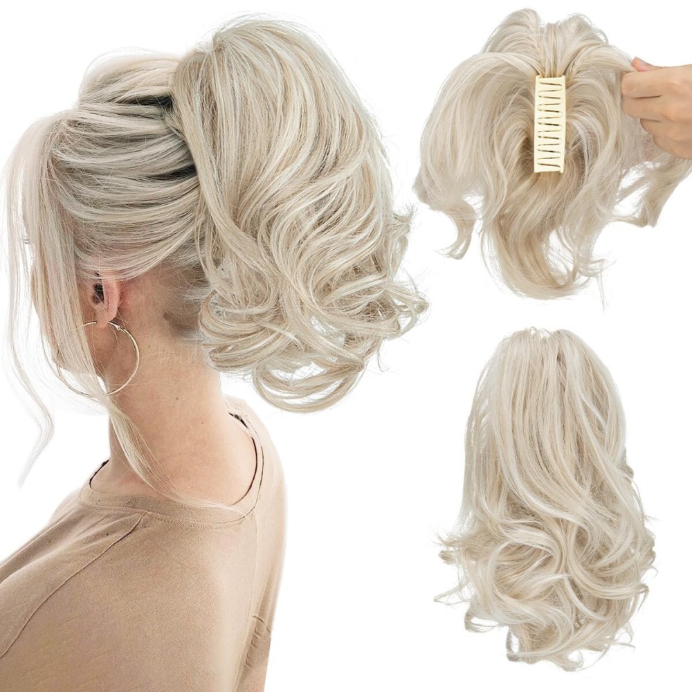 CJL HAIR Claw Clip Short Ponytail Hair Extensions DIY Bendable Metals Messy Bun Hair Piece for Wonen Wavy Curly Synthetic Fake Hairpieces Cold Blonde