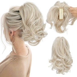 CJL HAIR Claw Clip Short Ponytail Hair Extensions DIY Bendable Metals Messy Bun Hair Piece for Wonen Wavy Curly Synthetic Fake Hairpieces Cold Blonde