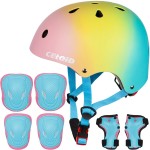 CELOID Kids Helmet Pad Set,Adjustable Kid Skateboard Bike Helmet Knee & Elbow Pads Wrist Guards 5-8 Years Child Protective Gear Set for Girls Boys Bicycle Bike Roller Skating Scooter Sport,Pink Blue