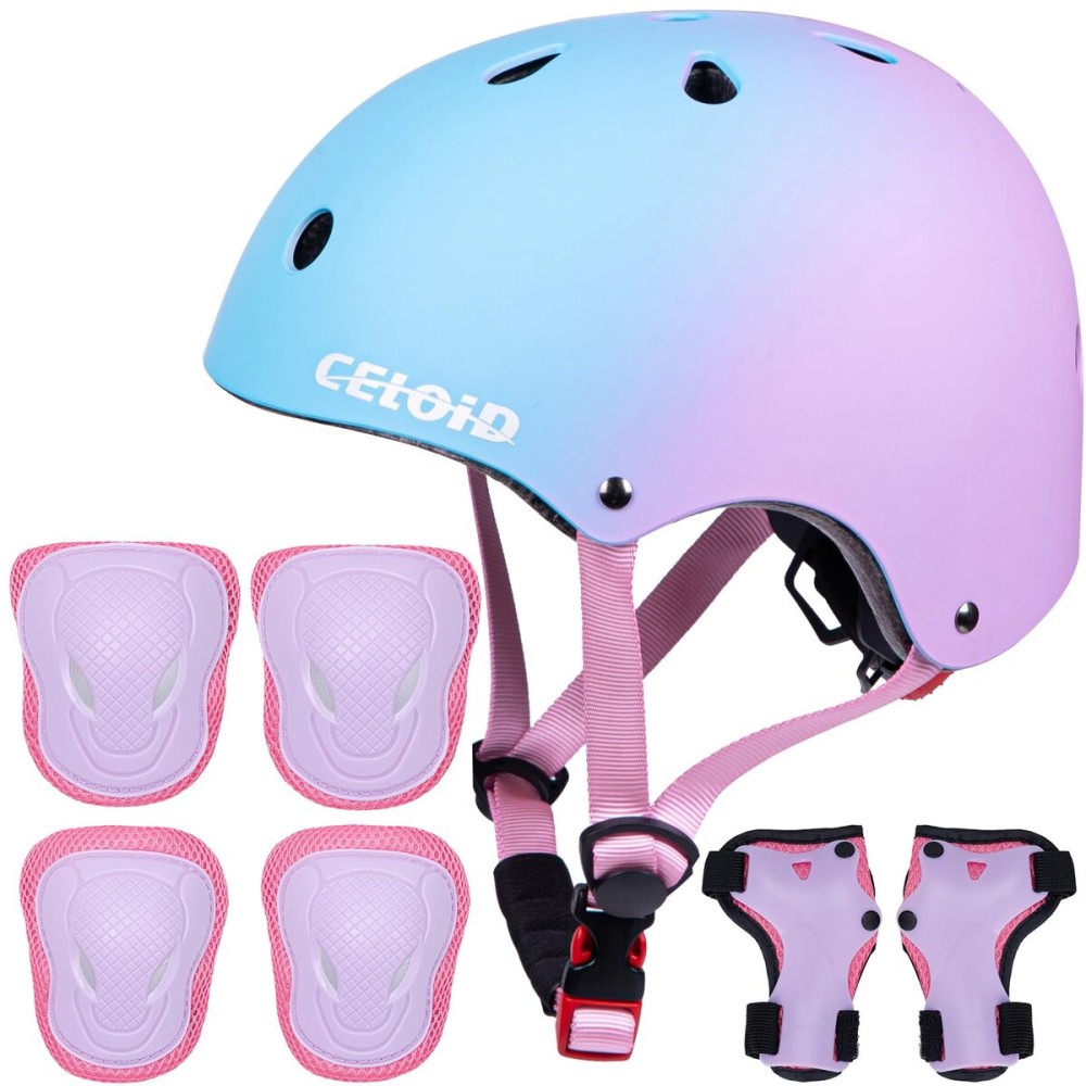 CELOID Kids Helmet Pad Set,Adjustable Kids Skateboard Bike Helmet Knee & Elbow Pads Wrist Guards 5-6-8 Years Protective Gear Set for Girls Boys Bicycle Bike Roller Skating Scooter Sport,Blue Pink