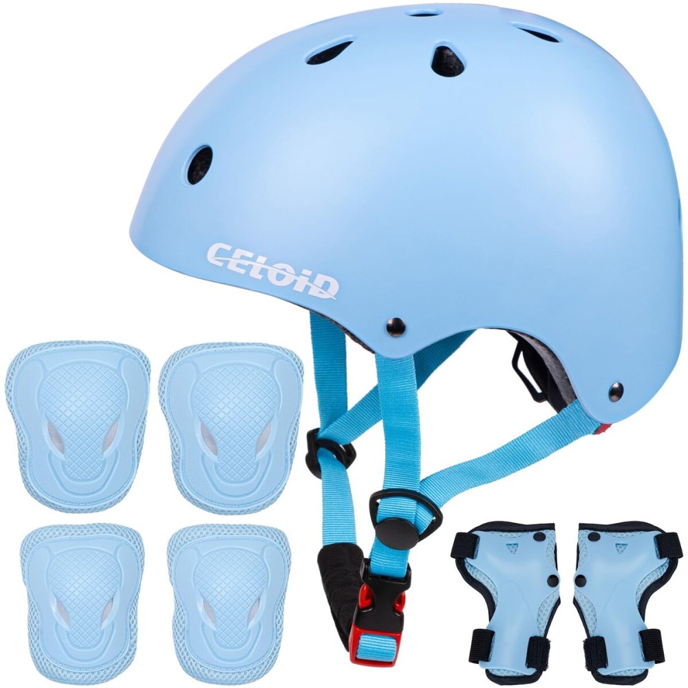 CELOID Kids Helmet Pad Set,Adjustable Kids Skateboard Bike Helmet Knee & Elbow Pads Wrist Guards 5-8 Years Kid Protective Gear Set for Girls Boys Bicycle Bike Roller Skating Scooter Sport,SkyBlue