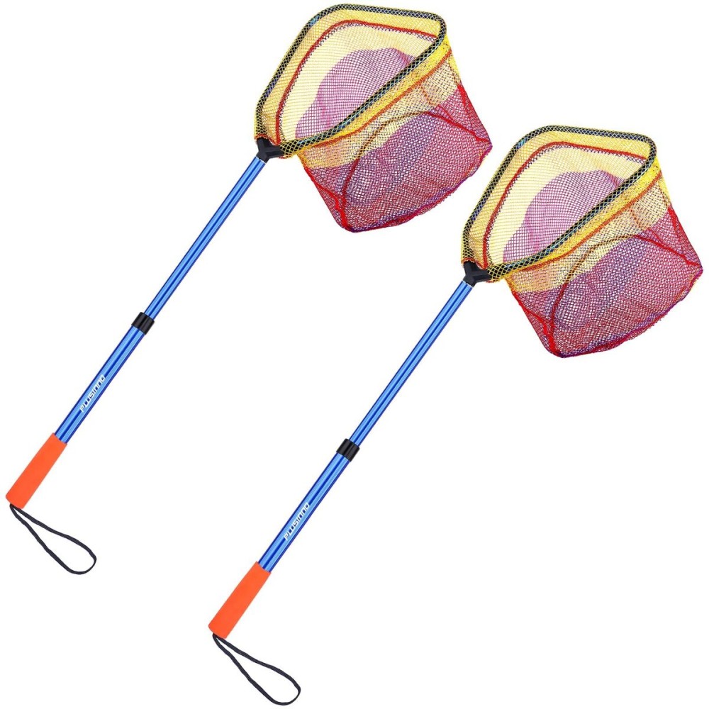 PLUSINNO Kids Fishing Net, Telescopic Lightweight Landing Net with Aluminum Pole Handle and Nylon Mesh, Catch and Release Butterfly Net for Kids Youth Outdoor (2 Pack - Blue)