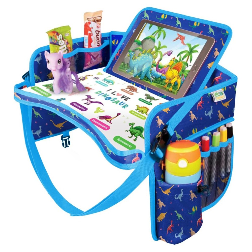 ECOFANTASY Kids Travel Tray - Waterproof Car Table with No-Drop Large Tablet Holder - Car Seat Tray - Road Trip Must Haves - Lap Desk Kids Organizer for Airplane - Toddler Travel Activities (Blue)