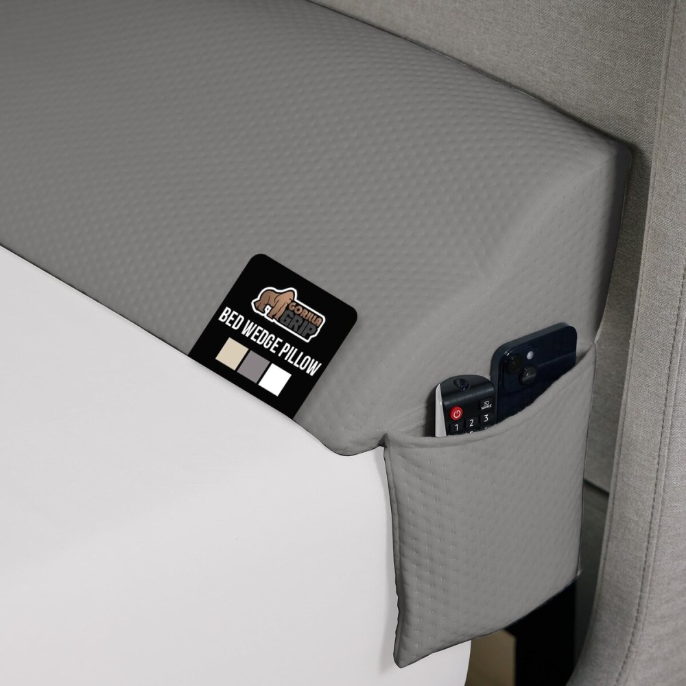 GORILLA GRIP Bed Wedge Pillow for Headboard Gap, Filler Between Mattress Gaps, US Designed, Comfortable Supportive High Density Cushion Foam Pillows, Stay in Place Gripping Dots, Full Size Gray