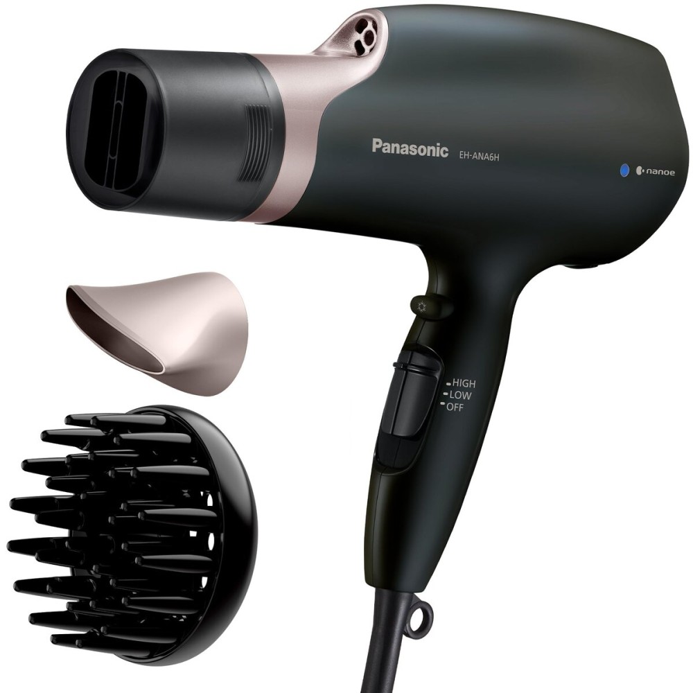 Panasonic Nanoe Salon Hair Dryer, Oscillating QuickDry Nozzle, Blow Dryer with Diffuser, Concentrator Attachments, 3 Speed Heat Settings for Styling and Healthy Hair - EH-ANA6HN (Black/ Pink Gold)