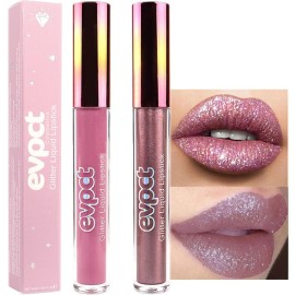 evpct 2Pcs Mauve & Taupe Mauve Glitter Metallic Shimmer Diamond Lipstick Lip Gloss Stain Set for Women Long Lasting Waterproof, Purple Sparkle Glitter Matte long Wear Liquid Lipstick Lip Makeup Kit