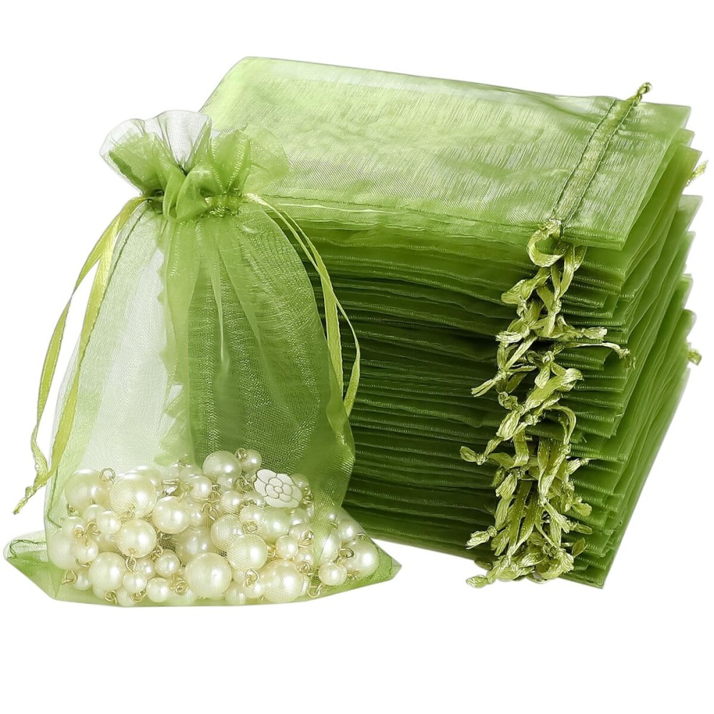 Hopttreely 100pcs Organza Bags, 4x6 inch Satin Drawstring Organza Pouch Wedding Party Favor Gift Bag Jewelry Watch Bags, Green Fruit Protection Bags