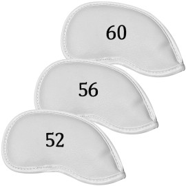 All Teed Up Premium Magnetic Leather Iron and Wedge Golf Club Head Covers | Set of 10 | Fits Most Clubs | Embroidered Club Label on Both Sides of Club Head Cover (White 52,56,60 (Set of 3))