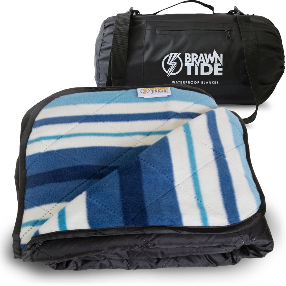 BRAWNTIDE Large Outdoor Waterproof Blanket - Thick Fleece, Warm, Windproof, Sandproof, Ideal for Camping, Picnics, Stadiums, Parks, Beaches, Includes Stuff Sack, Shoulder Strap (Azure Blue)