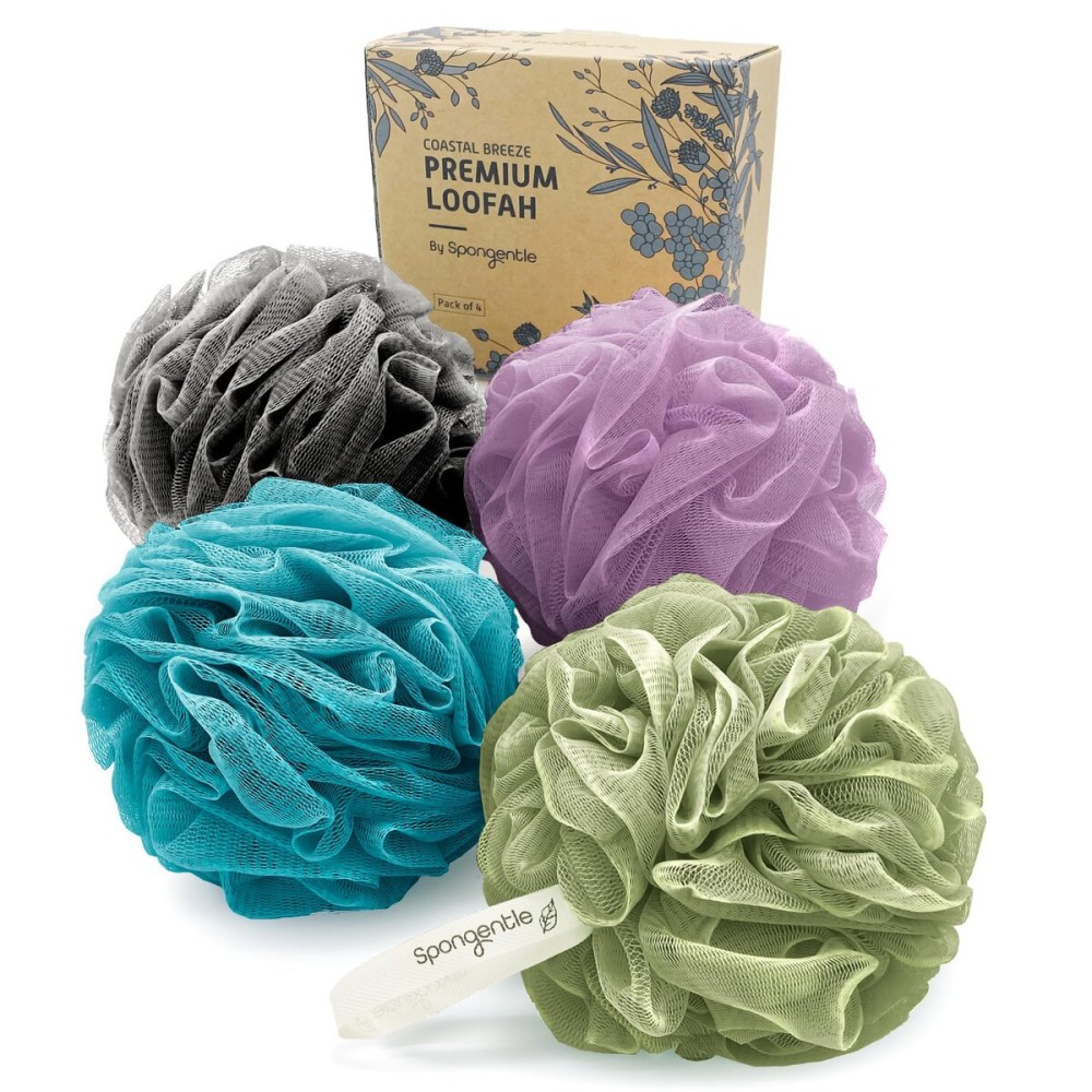 Spongentle Premium Deep Cleansing Loofah Sponge for Radiant Skin, Pack of 4, Bath and Shower, Exfoliating Body Scrubber, Beautiful Colors for Women and Men