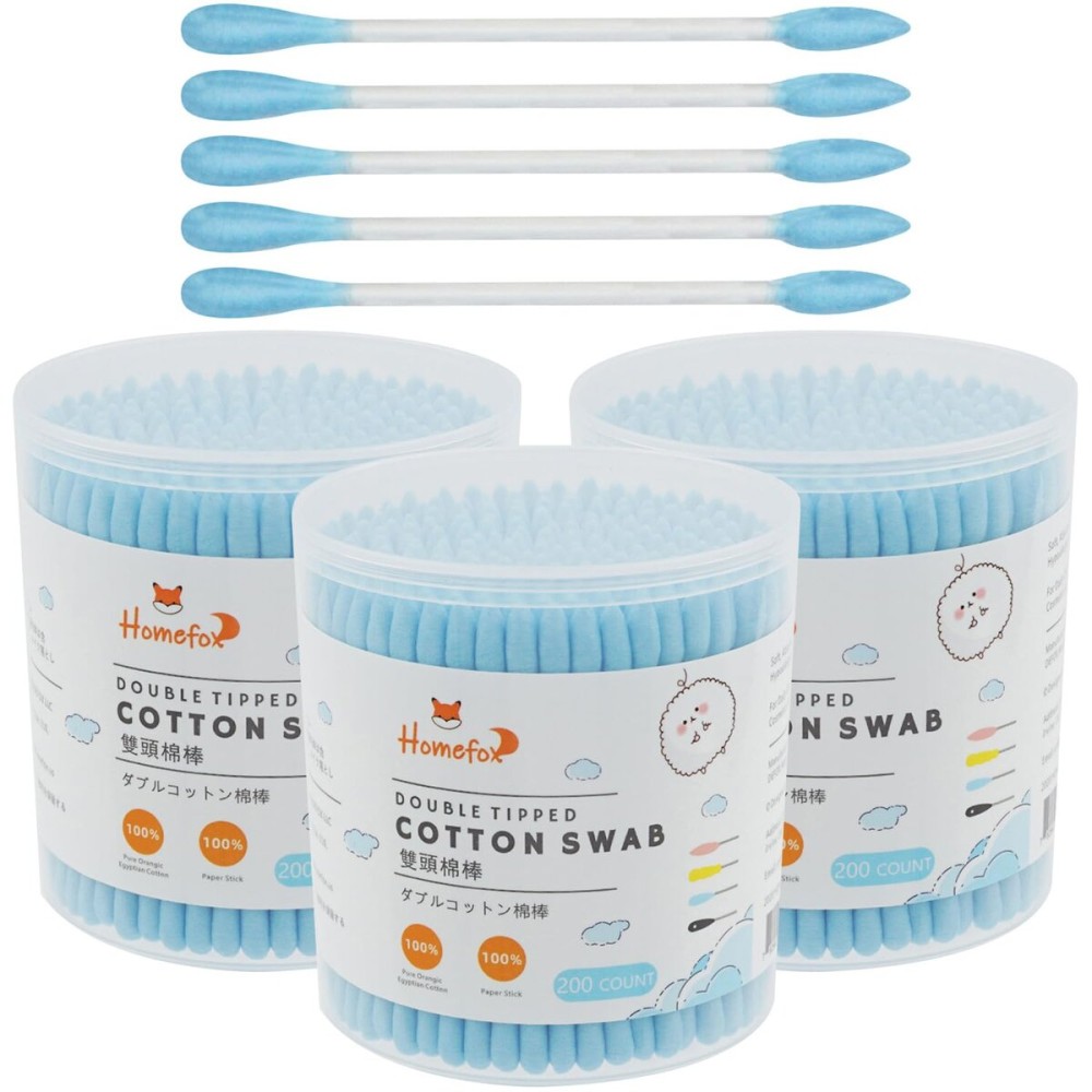 HOMEFOX Blue Cotton Swabs Precision Pointed - 600 Count Pointy Organic Cotton Buds Double Side Tightly Wrapped Cotton Tips Paper Stick Soft Gentle Lint-Free Cruelty-Free, Pointy & Round (Blue)