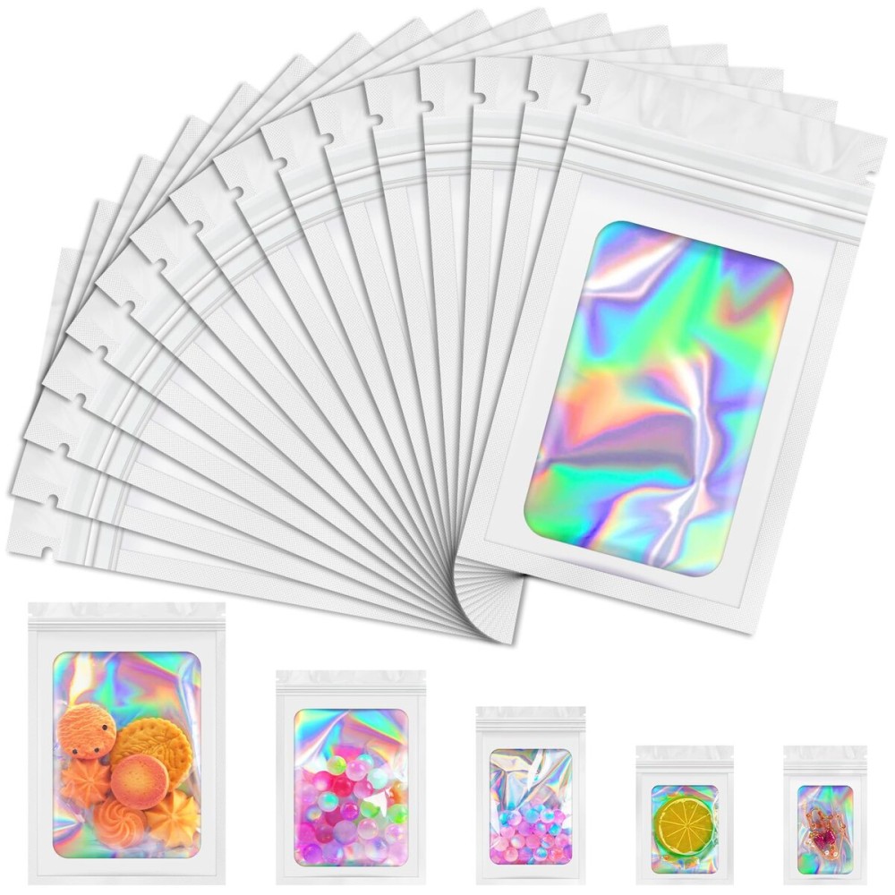 JETMORE Mylar Bags, 100 PCS Holographic Bags, White Smell Proof Bags with Front Window, Small Business Packaging Supplies, Resealable Bags for Food Storage, Bracelets, Jewelry, Sample 2.4x3.9in