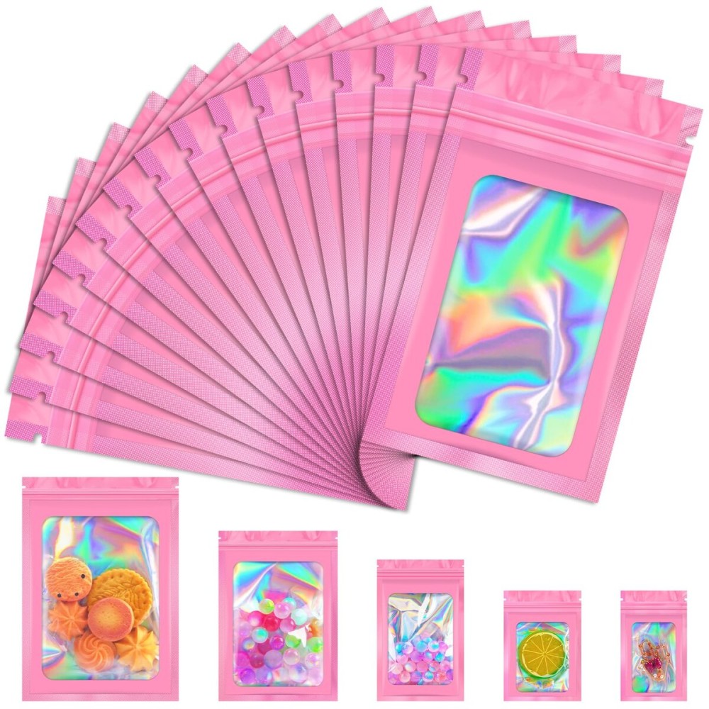 JETMORE 100 PCS Mylar Bags, Pink Holographic Bags, Smell Proof Bags, Resealable Bags for Small Business, Sealable Bags for Packaging, Foil Pouch Bags for Food Storage, Bracelets, Jewelry2.4x3.9in