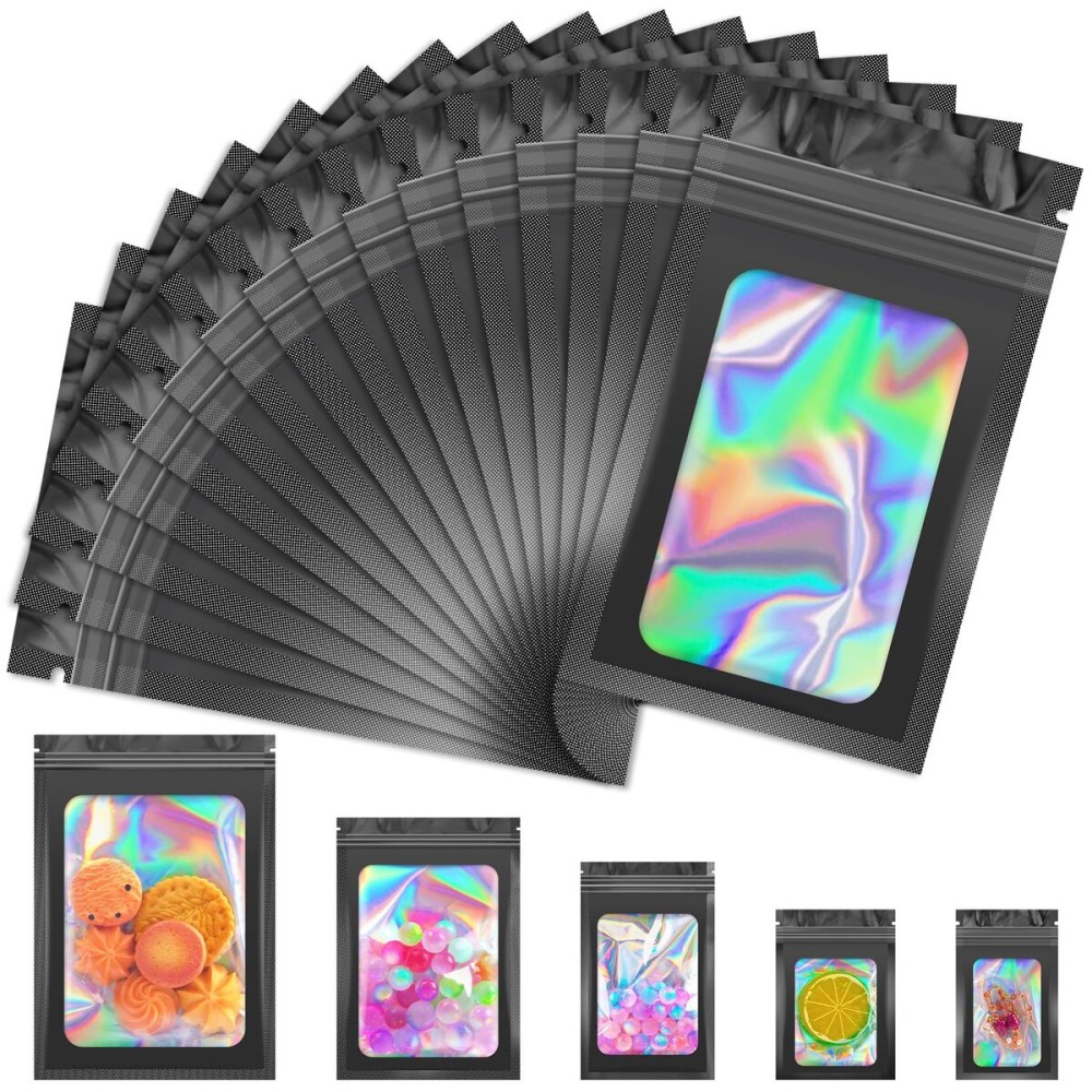 JETMORE 100 PCS Black Smell Proof Bag, Mylar Bags, Holographic Bags with Clear Window, Resealable Bag for Small Business, Packaging for Bracelets, Jewelry, Candy, Gift3x5in