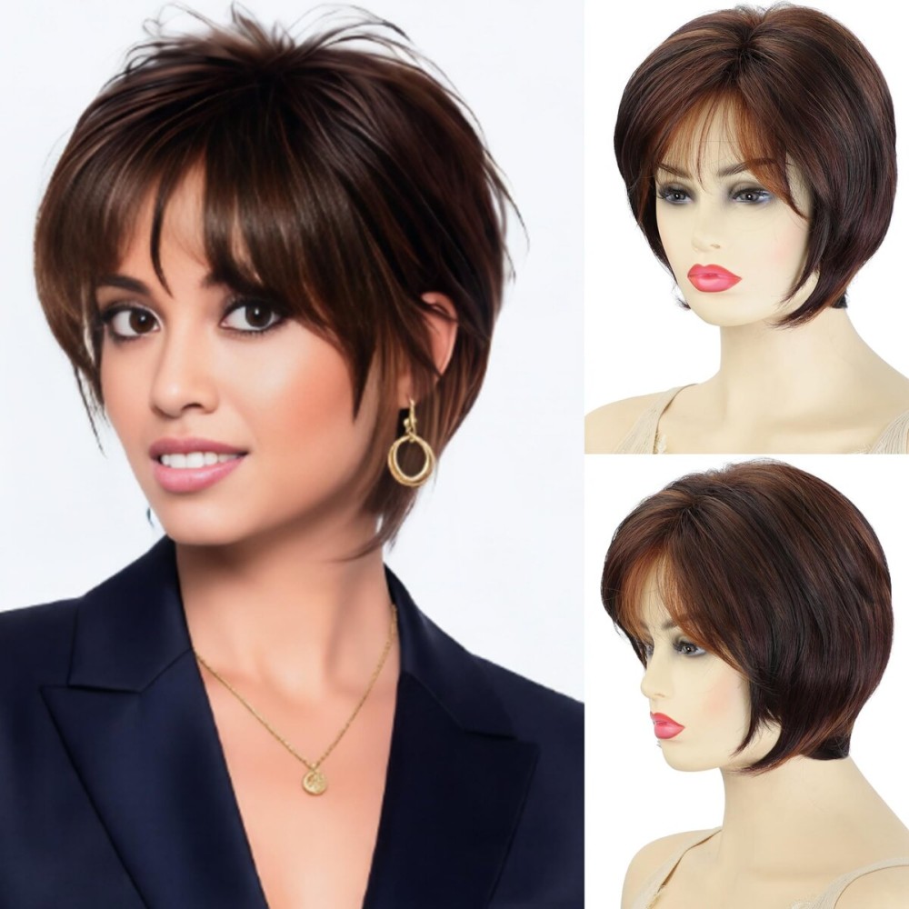 XIUFAXIRUSI XIUFAXIRUSI Brown Layered Pixie Wigs for White Women Blonde Mix Brown Short Straight Wig with Cute Bangs Natural Looking Synthetic Fluffy Wig