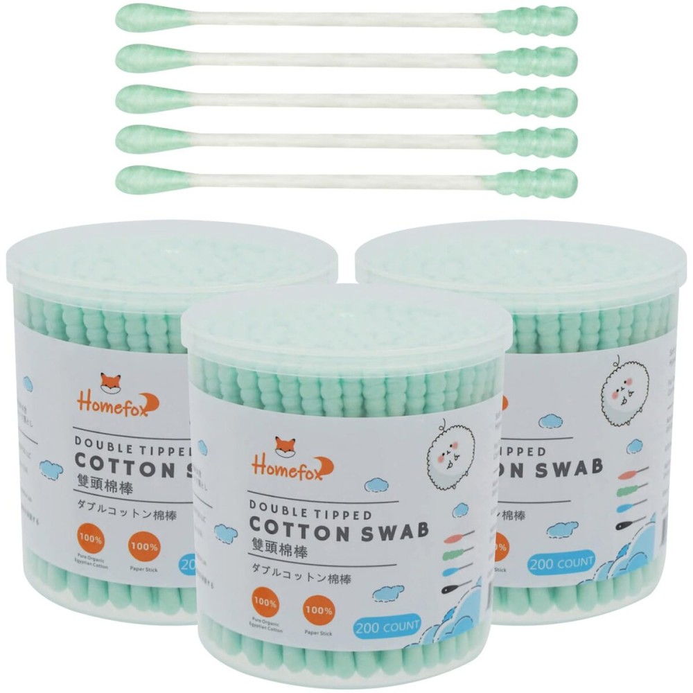 HOMEFOX Green Cotton Swabs Spiral - 600 Count Organic Cotton Buds Double Side Tightly Wrapped Cotton Tips Paper Stick Soft Gentle Lint-Free Cruelty-Free, Round & Spiral (Green)