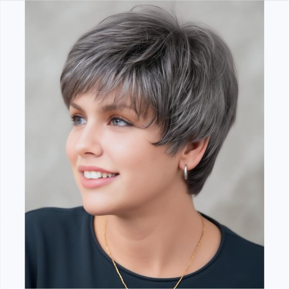 XIUFAXIRUSI XIUFAXIRUSI Short Grey Wigs for White Women Short Layers Pixie Wig with Air Bangs Salt N Pepper Straight Synthetic Hair Wig