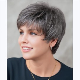 XIUFAXIRUSI XIUFAXIRUSI Short Grey Wigs for White Women Short Layers Pixie Wig with Air Bangs Salt N Pepper Straight Synthetic Hair Wig
