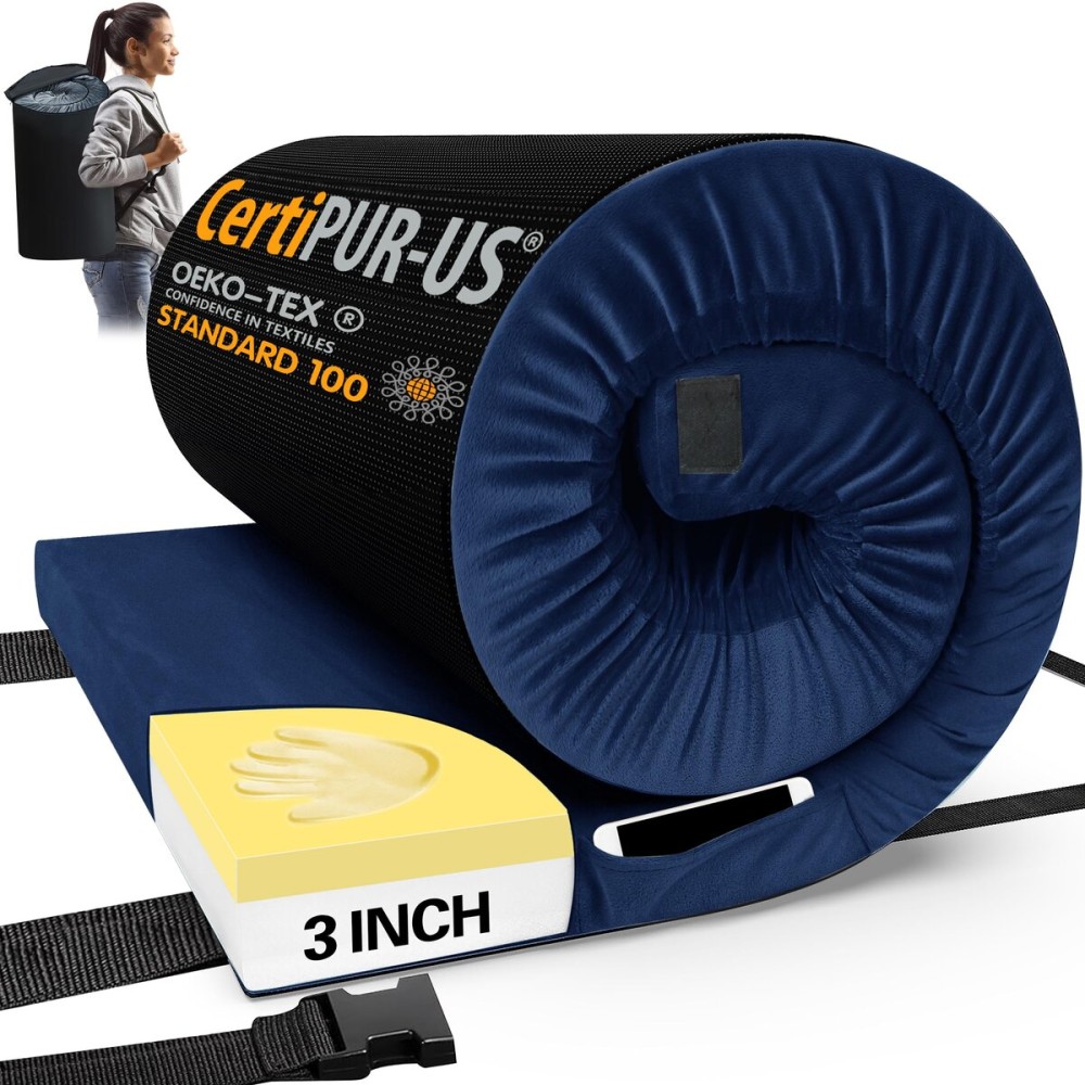 CYMULA CertiPUR-US Memory Foam Camping Mattress Pad, Portable Foam Sleeping Pad for Camping, Roll up Sleeping Mat for Adults Floor Mattress Guest Floor Bed for Sleepover, Car, Tent SUV Cot Mattress