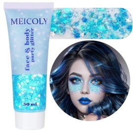 MEICOLY Light Blue Body Glitter,Mermaid Princess Face Glitter Gel,Ice Blue Glitter Face Paint for Halloween,Frozen Birthday Party Decorations,Chunky Glitter for Eye Lip Hair,Festival Rave Glitter Gel