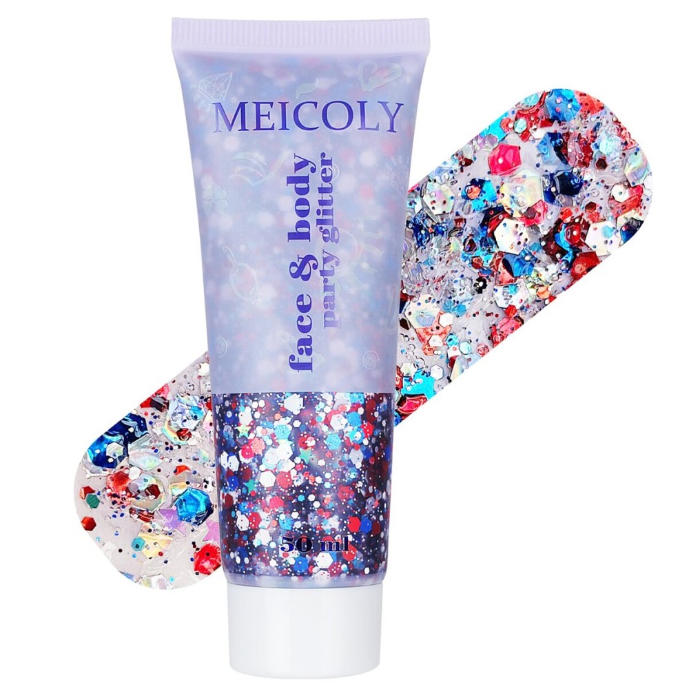 MEICOLY Red White and Blue Body Glitter,4th of July Accessories Hair Glitter for Kids,4th of July Outfits for Women,Fourth of July Patriotic Face Glitter for President\'s Day Veterans Day