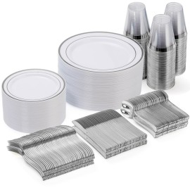 Goodluck 300-Piece Disposable Dinnerware Set for 50 Guests - Silver Plastic Plates, Salad Plates, Cutlery & Cups for Parties & Weddings