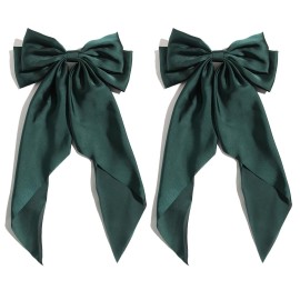 SUSULU Satin Bow Hair Clips for Women,Big Green Hair Bows Hair Slides Metal Clips Long Ribbon Hairpin Girls Barrettes Party Half-Updo Ponytail Accessories 2pcs