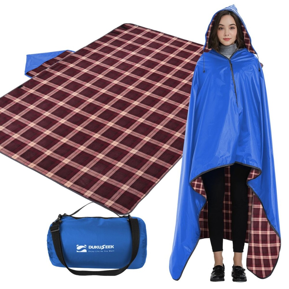 DUKUSEEK Waterproof Stadium Blanket with Hood, Wine Red Plain Waterproof Outdoor Blankets