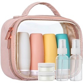 PACKISM TSA Approved Toiletry Bag with Bottles - Travel Essentials 8 Pack Leakproof 3.4oz Silicone Travel Bottles for Toiletries, Shampoo Conditioner Lotion Body Wash BPA Free, Pink