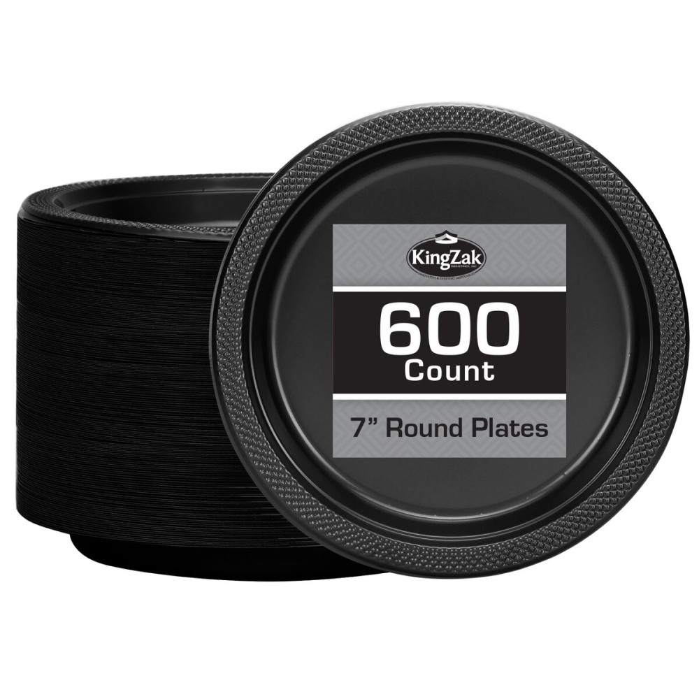 Hanna K. Signature Collection Black Plastic Plates 7 Inch - 600 count Solid Round Party For Weddings, BBQs, Birthday Disposable Dessert (81070 (case))