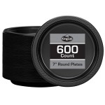 Hanna K. Signature Collection Black Plastic Plates 7 Inch - 600 count Solid Round Party For Weddings, BBQs, Birthday Disposable Dessert (81070 (case))