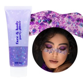 DAGEDA Body Glitter Gel, Face Glitters Body Gel Sequins Shimmer Liquid Eyeshadow, Chunky Glitter for Face Hair Nails, Holographic Cosmetic Laser Powder Festival Glitter Makeup1.7oz (Violet)