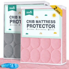Crib Mattress Protector Sheets Waterproof 2 Pack, Quilted Crib Mattress Pad Cover Fitted Fits for Baby Toddler Bed Mattress, Grey & Pink, 52 x 28