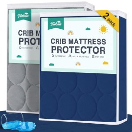 Biloban Crib Mattress Protector 2 Pack, Waterproof, Durable, Grey & Navy, Absorbent, Noiseless, Fits Standard 28 x 52 x 5 Inch Mattresses