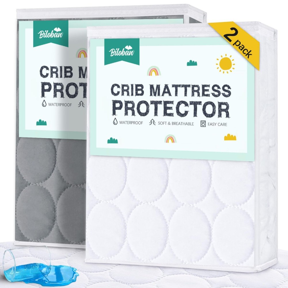 Biloban Crib Mattress Protector 2 Pack, Waterproof, Quilted, Grey & White, Absorbent, Ultra Soft, Noiseless, Durable