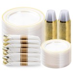 BESTVIP 350PCS Clear Gold Plastic Dinnerware Set for 50 Guests, Disposable Party Plate for Christmas and New Year,Halloween, Include: 100 Plastic Plates, 50 Pre Rolled Napkins with Silverware, 50 Cups
