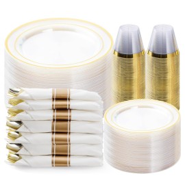 BESTVIP 350PCS Clear Gold Plastic Dinnerware Set for 50 Guests, Disposable Party Plate for Christmas and New Year,Halloween, Include: 100 Plastic Plates, 50 Pre Rolled Napkins with Silverware, 50 Cups