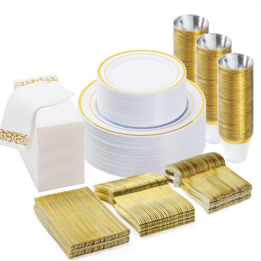 BESTVIP 350 PCS Gold Dinnerware Set for 50 Guests, Plastic Dinnerware Set for Party, Wedding, Christmas, Include: 100 Plastic Plates, 50 Gold Silverware, 50 Cups, 50 Paper Napkins