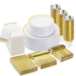 BESTVIP 350 PCS Gold Dinnerware Set for 50 Guests, Plastic Dinnerware Set for Party, Wedding, Christmas, Include: 100 Plastic Plates, 50 Gold Silverware, 50 Cups, 50 Paper Napkins