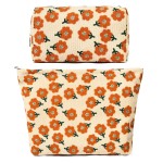 SOIDRAM 2 Pieces Flower Makeup Bag Large Corduroy Cosmetic Bag Capacity Canvas Mix Travel Toiletry Bag Organizer Cute Makeup Brushes Aesthetic Accessories Storage Bag for Women, Flower Mix Orange