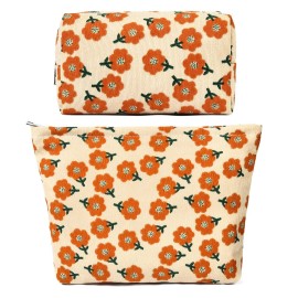 SOIDRAM 2 Pieces Flower Makeup Bag Large Corduroy Cosmetic Bag Capacity Canvas Mix Travel Toiletry Bag Organizer Cute Makeup Brushes Aesthetic Accessories Storage Bag for Women, Flower Mix Orange