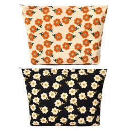 SOIDRAM 2 Pieces Flower Makeup Bag Large Corduroy Cosmetic Bag Capacity Canvas Travel Toiletry Bag Organizer Cute Makeup Brushes Aesthetic Accessories Storage Bag for Women, Flower L Orang Black