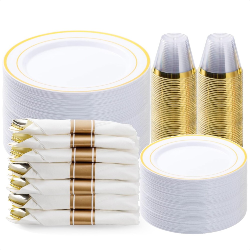 BESTVIP 350PCS Gold Plastic Dinnerware Set, Disposable Party Plates for 50 Guests, Include: 100 Plastic Plates, 50 Pre Rolled Napkins with Gold Silverware, 50 Cups