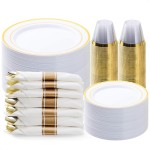 BESTVIP 350PCS Gold Plastic Dinnerware Set, Disposable Party Plates for 50 Guests, Include: 100 Plastic Plates, 50 Pre Rolled Napkins with Gold Silverware, 50 Cups