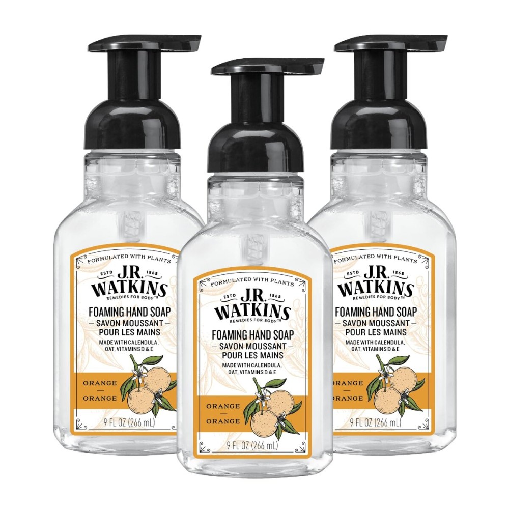 J.R. Watkins Foaming Hand Soap Pump with Dispenser, Moisturizing Hand Soap Foam, Alcohol-Free and Cruelty-Free, Use for Kitchen or Bathroom, Orange, 9 fl oz, 3 Pack