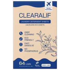 CLEARALIF Laundry Detergent Sheets, Fresh Linen, 64 Load, CLEARALIF Laundry Detergent Strips Eco Friendly & Hypoallergenic