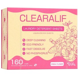 Laundry Detergent Sheets Up to 160 Loads, Fresh Flower - Great For Travel,Apartments, Dorms,CLEARALIF Laundry Detergent Strips Eco Friendly & Hypoallergenic - 80 Sheets
