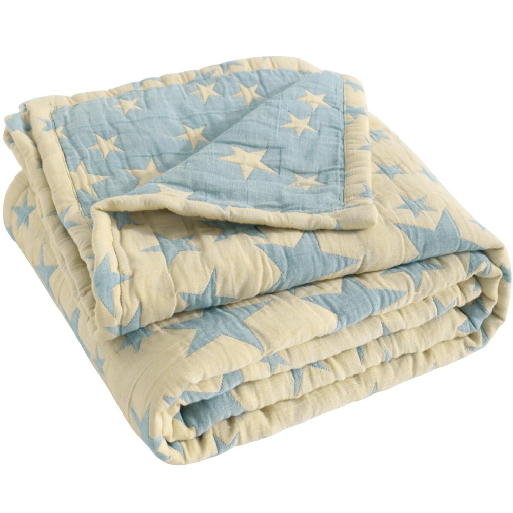 NTBAY 3 Layer Toddler Blanket, Muslin Cotton Jacquard Bed Blankets, Lightweight Thermal Baby Blanket, Super Soft and Warm Crib Blanket for All Seasons, Decoration Gift, 45x60, Blue and Yellow Star