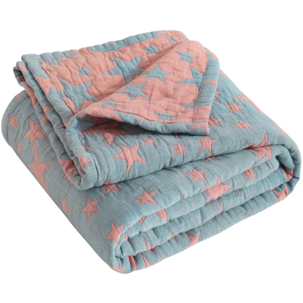 NTBAY 3 Layer Toddler Blanket, Muslin Cotton Jacquard Bed Blankets, Lightweight Thermal Baby Blanket, Super Soft and Warm Crib Blanket for All Seasons, Decoration Gift, 45x60, Red and Blue Star
