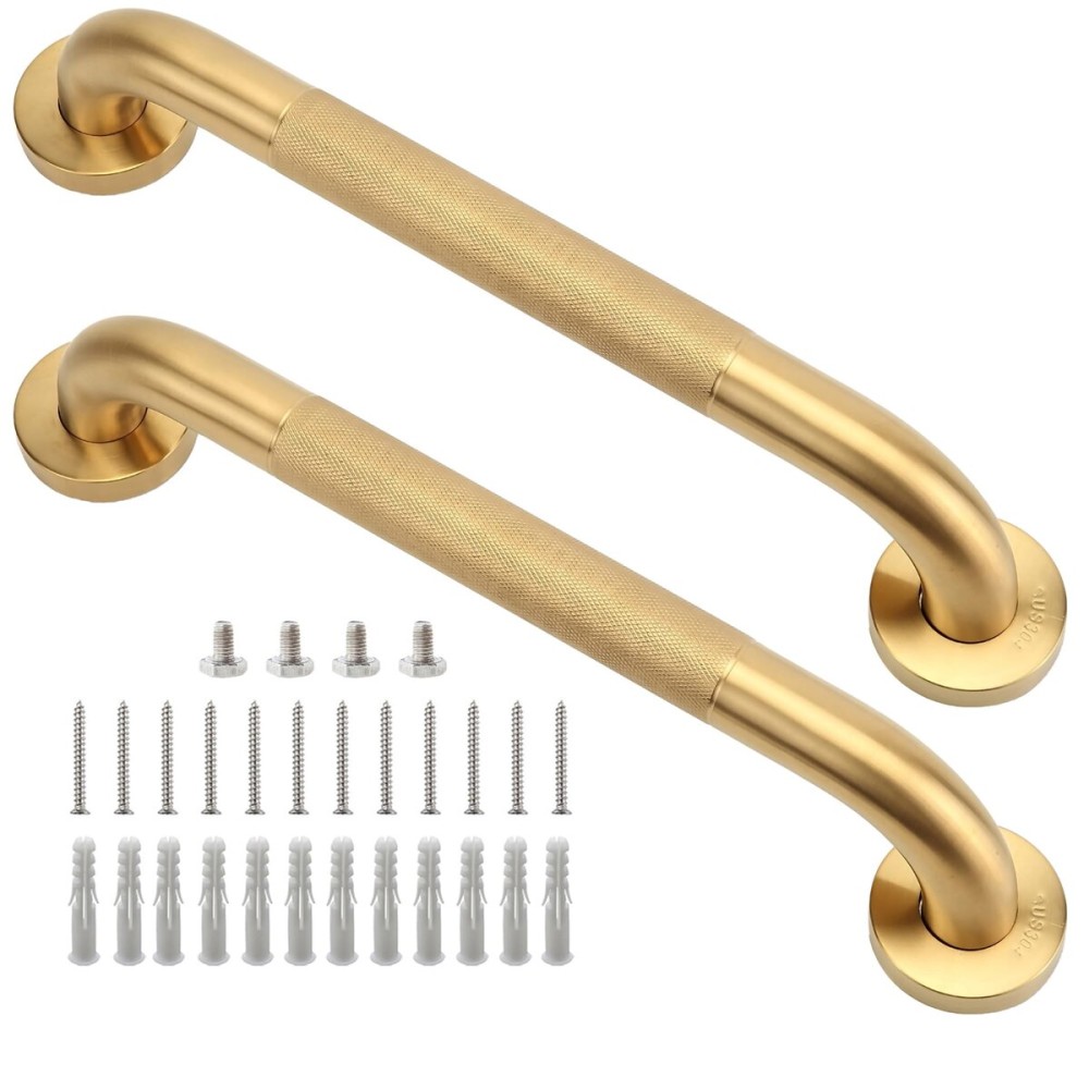 Rackickyer Shower Grab Bar, 2 Pack 16 Inch Gold Bathroom Grab Bar, 1.25 Diameter 304 Stainless Steel Anti-Slip Grab Bars for Bathtubs and Showers, Handicap Shower Grab Bar for Seniors Elderly
